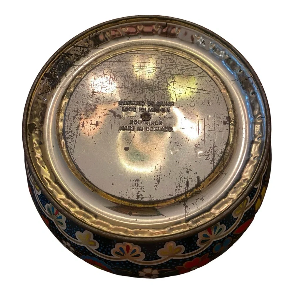 Vintage Daher Tin Bowl With Lid England Floral Black 1970s Collectible